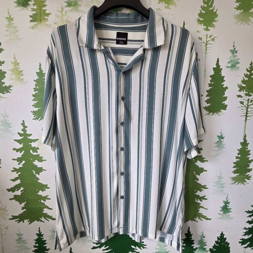 RVCA Men's Striped Green and White Lightweight Shirt.